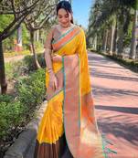 Yellow Soft Silk Contrast Gold Zari Woven Saree