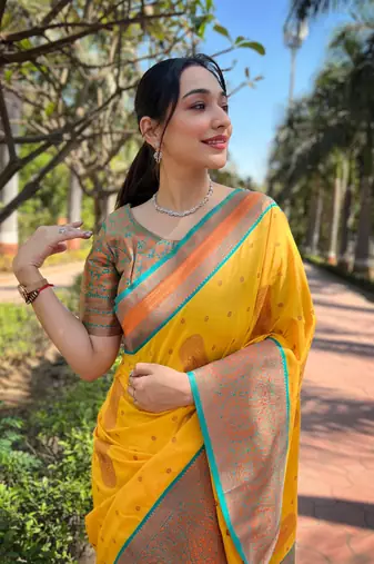 Yellow Soft Silk Contrast Gold Zari Woven Saree