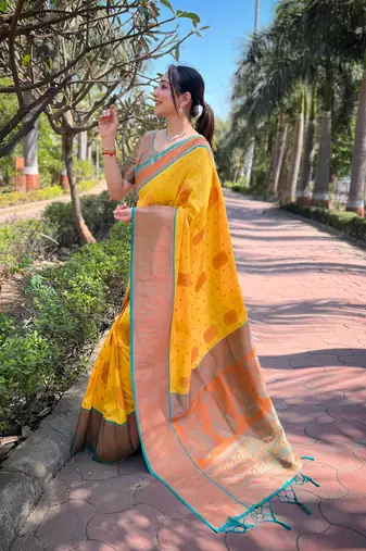 Yellow Soft Silk Contrast Gold Zari Woven Saree