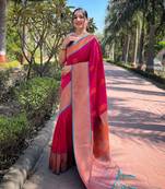 Pink Soft Silk Contrast Gold Zari Woven Saree