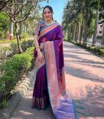 Purple Soft Silk Contrast Gold Zari Woven Saree