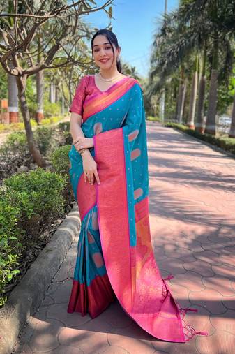 Rama Blue Soft Silk Contrast Gold Zari Woven Saree