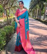 Rama Blue Soft Silk Contrast Gold Zari Woven Saree