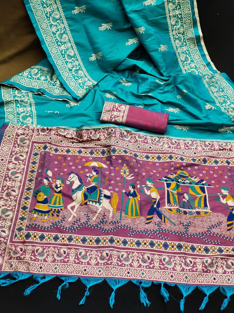 Dark Rama Blue & Pink Two Tone Weaving with Antique Design Women Party wear Soft Raw Silk Saree with Blouse!