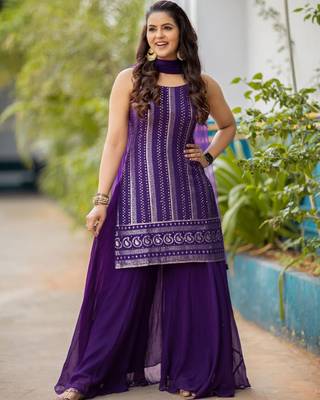 Xomantic Fashion Women's Attractive Purple Color Embroidered Designer Kurta Palazzo set With Dupatta 1
