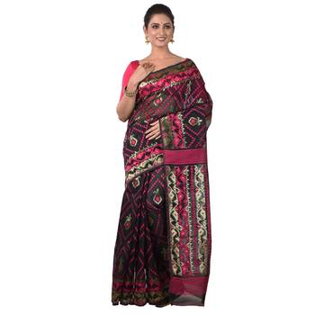 Aishani Collection Woven Cotton Silk Dhakai Jamdani Handloom Saree (Black, Pink) 1