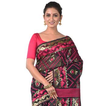 Aishani Collection Woven Cotton Silk Dhakai Jamdani Handloom Saree (Black, Pink) 2