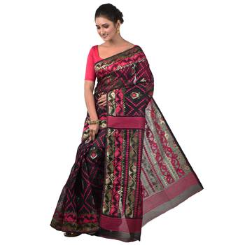Aishani Collection Woven Cotton Silk Dhakai Jamdani Handloom Saree (Black, Pink) 3