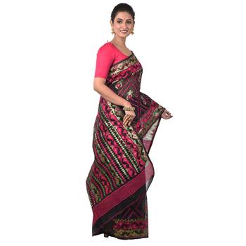 Aishani Collection Woven Cotton Silk Dhakai Jamdani Handloom Saree (Black, Pink) 4