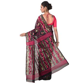 Aishani Collection Woven Cotton Silk Dhakai Jamdani Handloom Saree (Black, Pink) 5