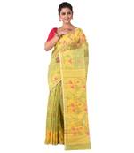 Aishani Collection Woven Cotton Silk Dhakai Jamdani Handloom Saree (Green, Yellow)