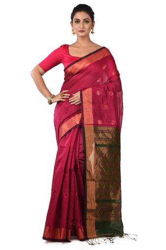 Aishani Collection Woven Cotton Silk Handloom Saree with bp (Pink, Green)