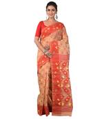 Aishani Collection Woven Cotton Silk Dhakai Jamdani Handloom Saree (Beige, Red)