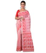 Aishani Collection Woven Cotton Silk Dhakai Jamdani Traditional Saree with bp (White, Pink)