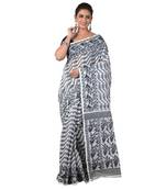 Aishani Collection Woven Cotton Silk Dhakai Jamdani Traditional Saree with bp (White, Black)