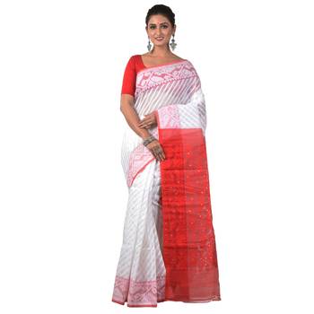 Aishani Collection Woven Cotton Silk Dhakai Jamdani Traditional Saree with bp (Red, White) 1
