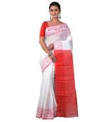 Aishani Collection Woven Cotton Silk Dhakai Jamdani Traditional Saree with bp (Red, White)