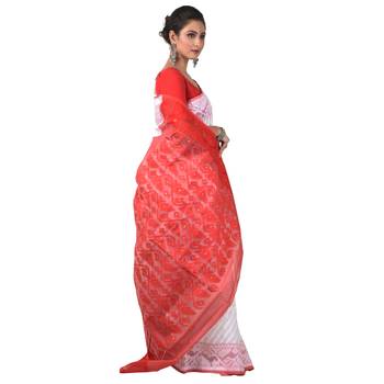 Aishani Collection Woven Cotton Silk Dhakai Jamdani Traditional Saree with bp (Red, White) 3