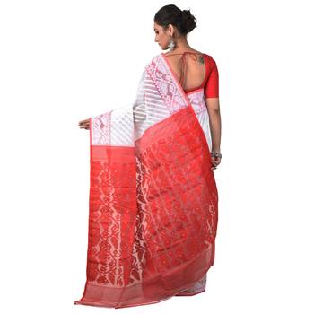 Aishani Collection Woven Cotton Silk Dhakai Jamdani Traditional Saree with bp (Red, White) 4