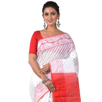 Aishani Collection Woven Cotton Silk Dhakai Jamdani Traditional Saree with bp (Red, White) 5