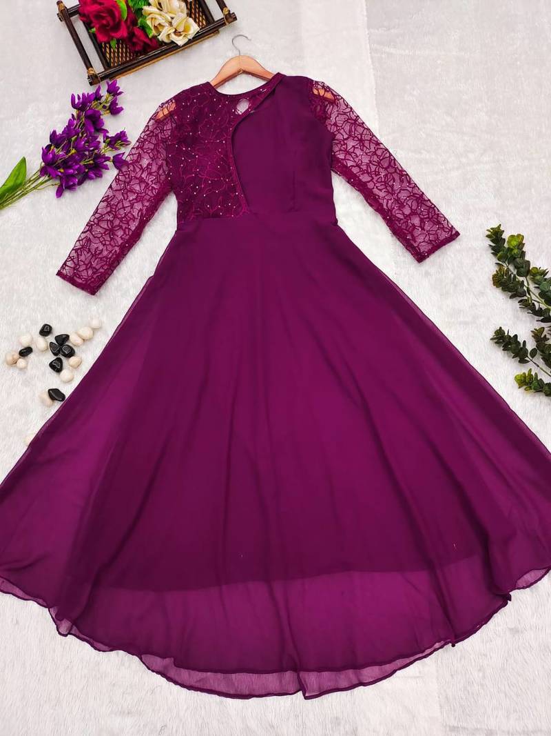 Wine Self design Beautiful party wear maxi dress 