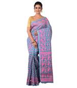Aishani Collection Woven Cotton Silk Dhakai Jamdani Traditional Saree with bp (Blue, Pink)