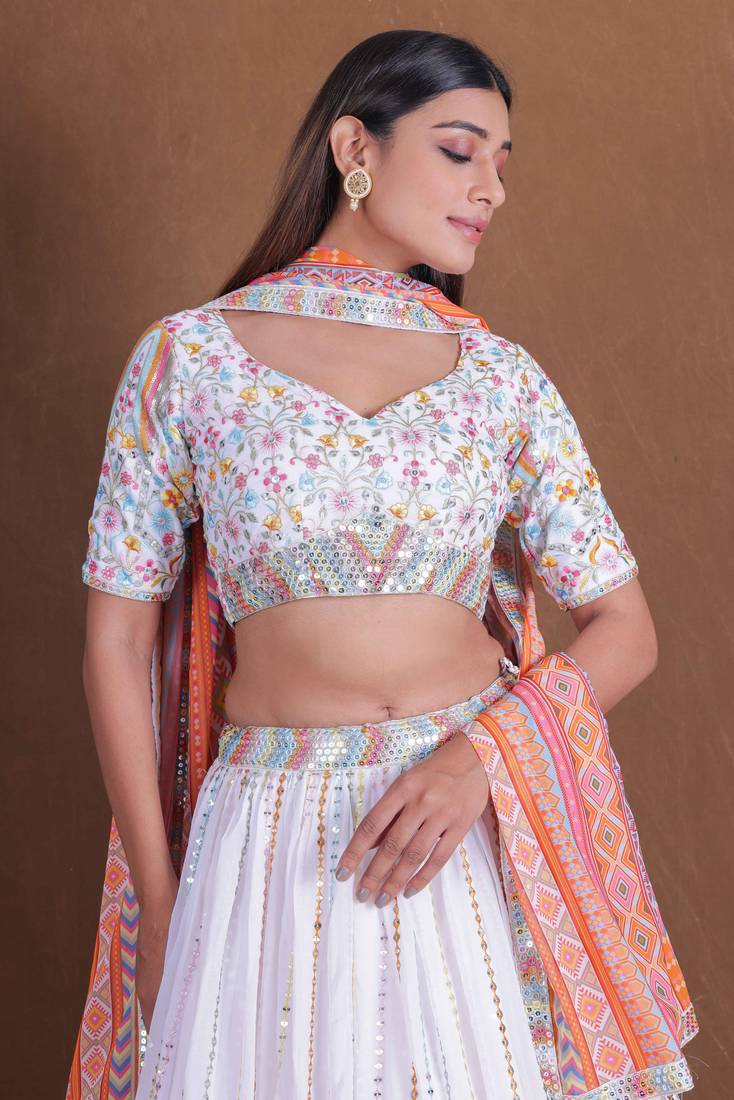 Beautiful White Sequins Embroidery Work Lehenga Choli With Dupatta Set