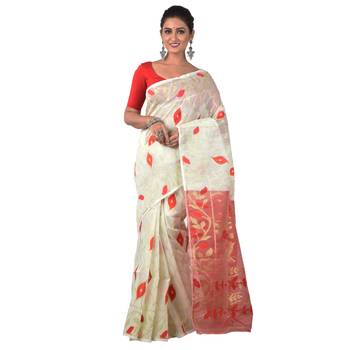 Aishani Collection Woven Cotton Silk Dhakai Jamdani Traditional Saree with bp (Off White, Red) 1