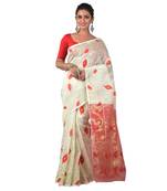 Aishani Collection Woven Cotton Silk Dhakai Jamdani Traditional Saree with bp (Off White, Red)