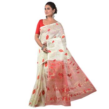 Aishani Collection Woven Cotton Silk Dhakai Jamdani Traditional Saree with bp (Off White, Red) 2