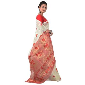 Aishani Collection Woven Cotton Silk Dhakai Jamdani Traditional Saree with bp (Off White, Red) 3