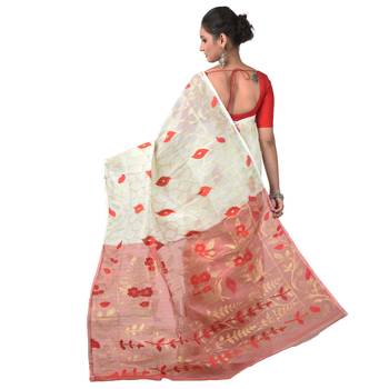 Aishani Collection Woven Cotton Silk Dhakai Jamdani Traditional Saree with bp (Off White, Red) 4