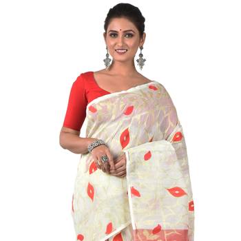 Aishani Collection Woven Cotton Silk Dhakai Jamdani Traditional Saree with bp (Off White, Red) 5