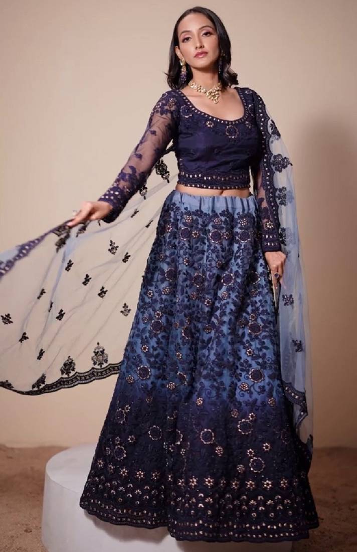 Blue Thread & Badla Embroidered With Four Side Cut Work Embellished Designer Wedding Lehenga