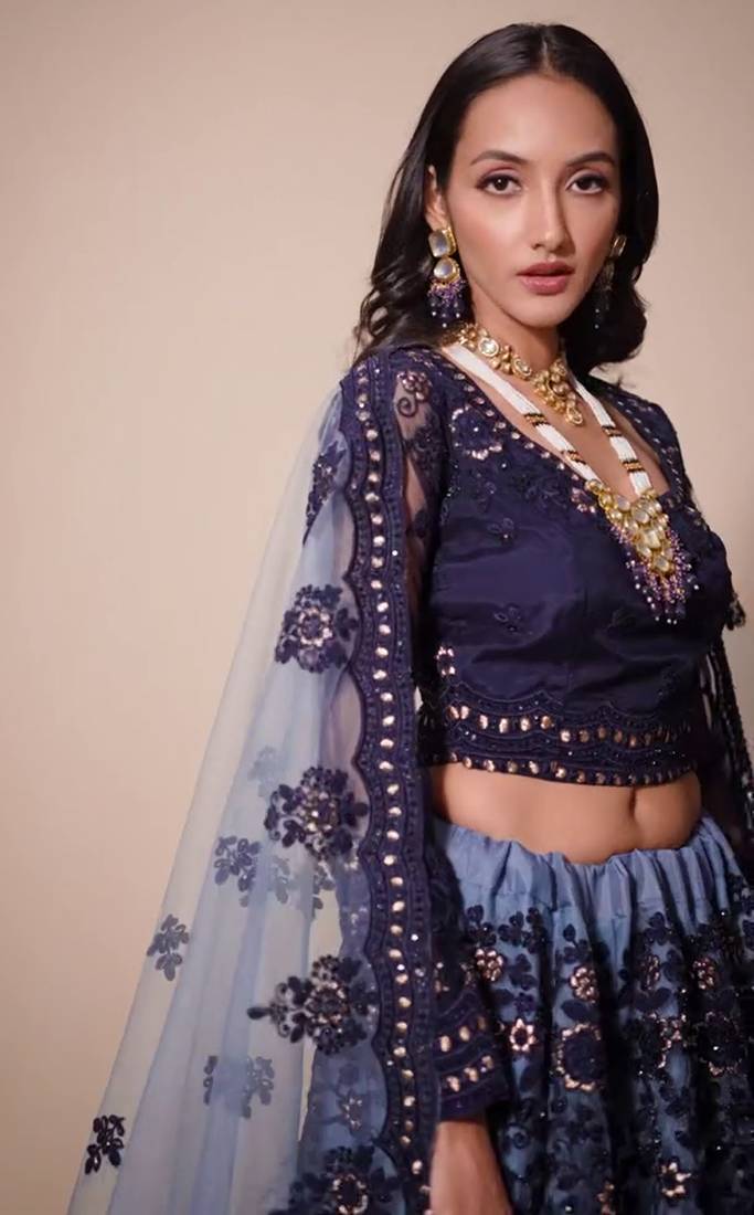 Blue Thread & Badla Embroidered With Four Side Cut Work Embellished Designer Wedding Lehenga