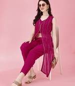 Modestouze Attires Women's Mukaish Worked Ethnic Jacket With Top and Pant Set (Rani) (MAK86)