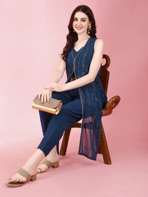 Women's Mukaish Worked Ethnic Jacket With Top And Pant Set (Blue) (MAK86) 1