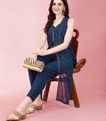 Women's Mukaish Worked Ethnic Jacket With Top And Pant Set (Blue) (MAK86)