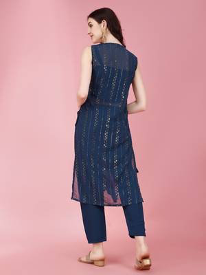 Women's Mukaish Worked Ethnic Jacket With Top And Pant Set (Blue) (MAK86) 2