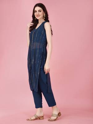 Women's Mukaish Worked Ethnic Jacket With Top And Pant Set (Blue) (MAK86) 3