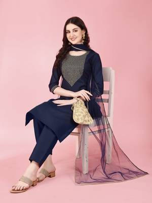 Women's Knee Length Cotton Blend Kurta Set with Net Dupatta (Blue) (MAK87) 1