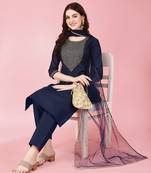 Women's Knee Length Cotton Blend Kurta Set with Net Dupatta (Blue) (MAK87)