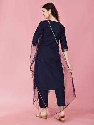 Women's Knee Length Cotton Blend Kurta Set with Net Dupatta (Blue) (MAK87) 2