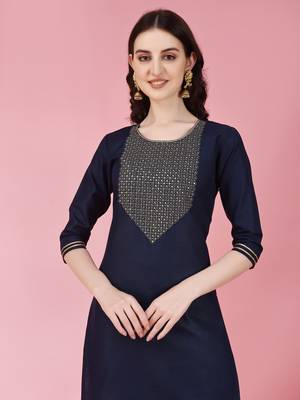 Women's Knee Length Cotton Blend Kurta Set with Net Dupatta (Blue) (MAK87) 4