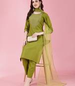 Women's Knee Length Cotton Blend Kurta Set with Net Dupatta (Mahendi) (MAK87)