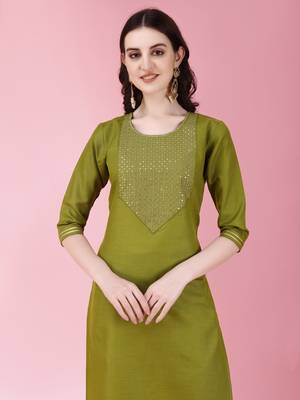 Women's Knee Length Cotton Blend Kurta Set with Net Dupatta (Mahendi) (MAK87) 4