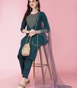 Women's Knee Length Cotton Blend Kurta Set with Net Dupatta (Teal) (MAK87)