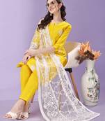Women   s Knee Length Cotton Blend Embroidered Kurta Set with Dupatta (Yellow) (MAK88)