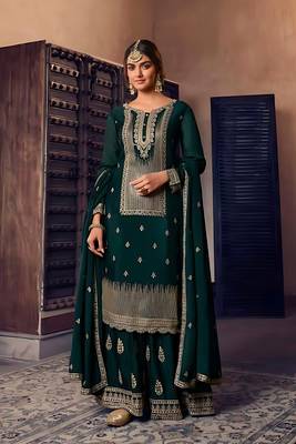 Teal Green Embroidered Chinnon Semi Stitched Straight Suit Up To 42" Size 1