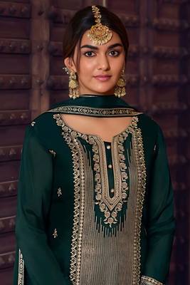 Teal Green Embroidered Chinnon Semi Stitched Straight Suit Up To 42" Size 2